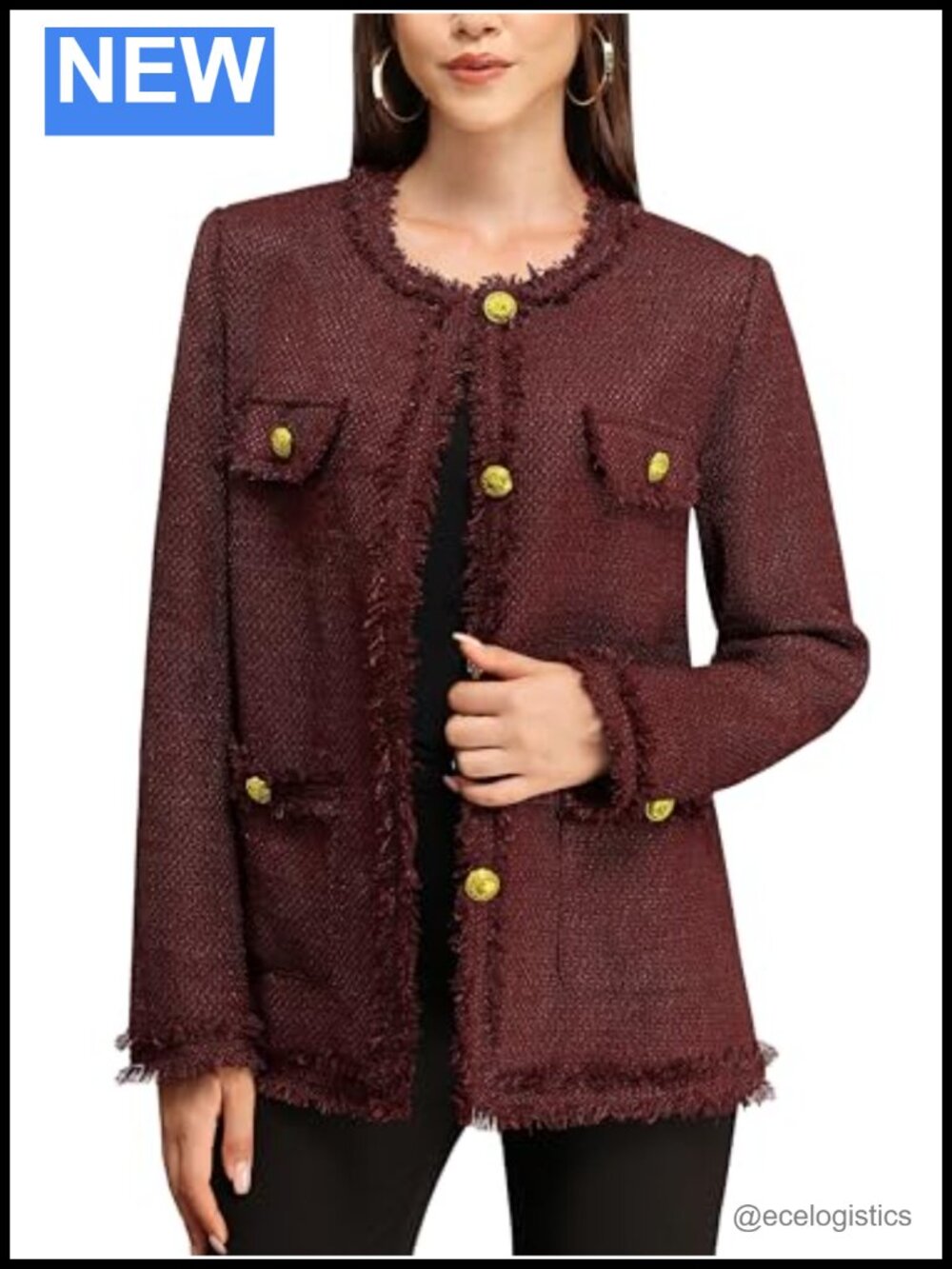 Women's Tweed Blazer Jacket Collarless Long Sleeve with Pockets